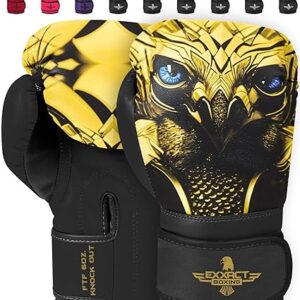 exxact sports knockout printed youth boxing gloves for kids (3 10 years) with padded protection and wrist support, durable engineered leather kids boxing gloves for boys and girls (eagle, 6oz)